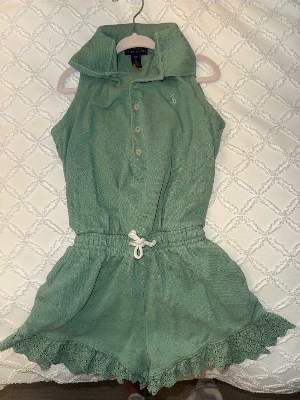Ralph Lauren Mint Green Sleeveless Polo Romper with Eyelet Trim